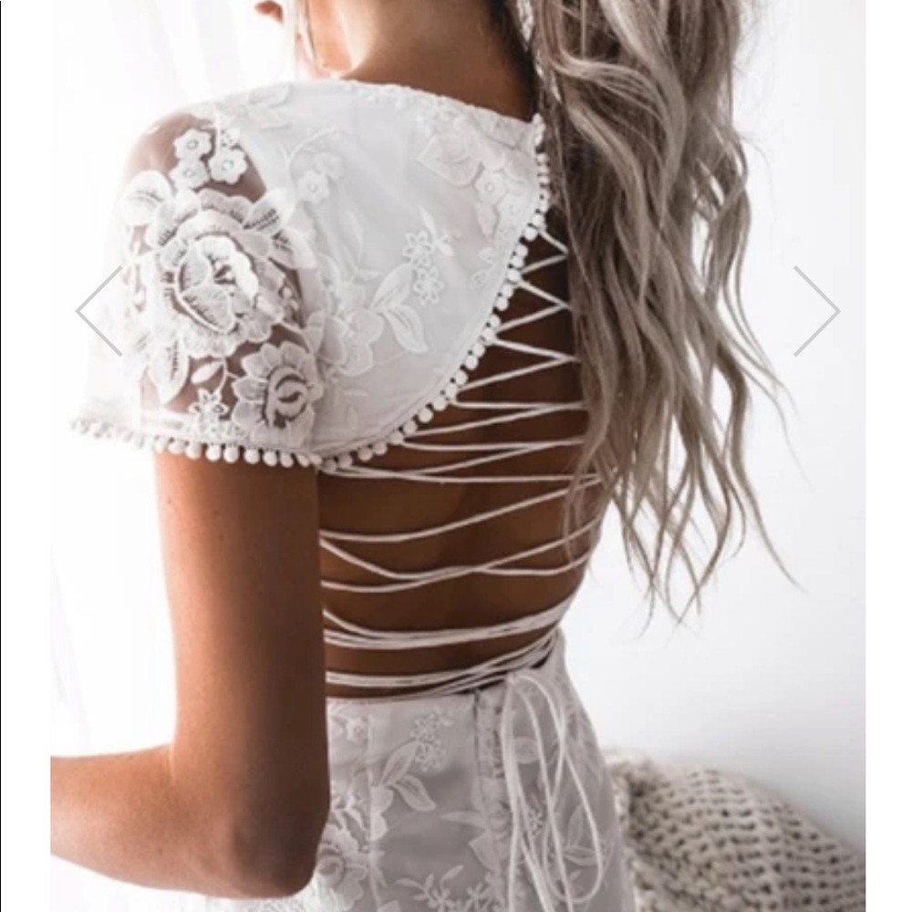 white lace dress with strappy open back. Xs